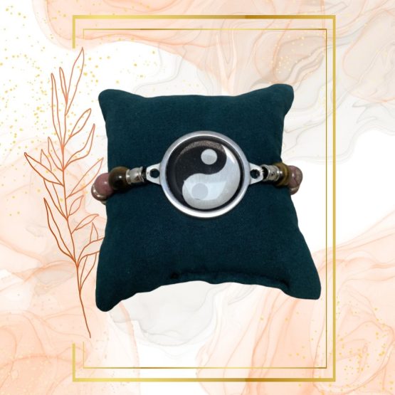 BRACELET FEMME ANTI ONDES YIN YANG, RHODONITE ET OEIL DE TIGRE – Image 2