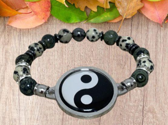 BRACELET FEMME ANTI ONDES YING YANG, JASPE KAMBABA ET DALMATIEN – Image 2