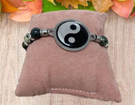 BRACELET FEMME ANTI ONDES YING YANG, JASPE KAMBABA ET DALMATIEN – Image 3