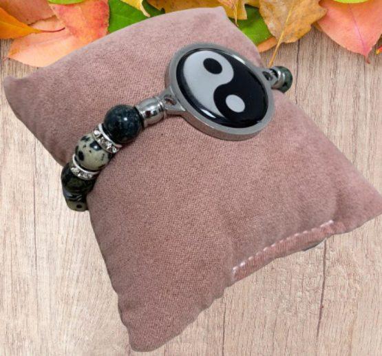 BRACELET FEMME ANTI ONDES YING YANG, JASPE KAMBABA ET DALMATIEN – Image 4