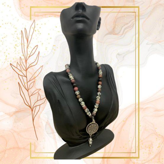 COLLIER FEMME ANTI-ONDES « RHODONITE, JASPE DALMATIEN + HEMATITE »