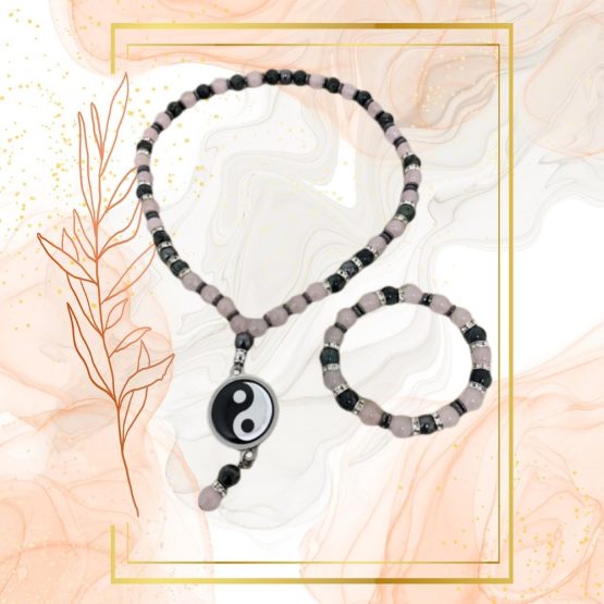 PARURE DUO, COLLIER ANTI-ONDES « QUARTZ ROSE+JASPE KAMBABA » AVEC BRACELET QUARTZ ROSE ASSORTI – Image 2
