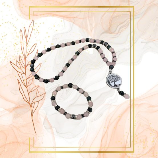 PARURE DUO, COLLIER ANTI-ONDES « QUARTZ ROSE+JASPE KAMBABA » AVEC BRACELET QUARTZ ROSE ASSORTI – Image 3