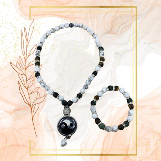 PARURE DUO, COLLIER ANTI-ONDES HOWLITE+JASPE KAMBABA, ŒIL DE TIGRE AVEC BRACELET ASSORTI – Image 3