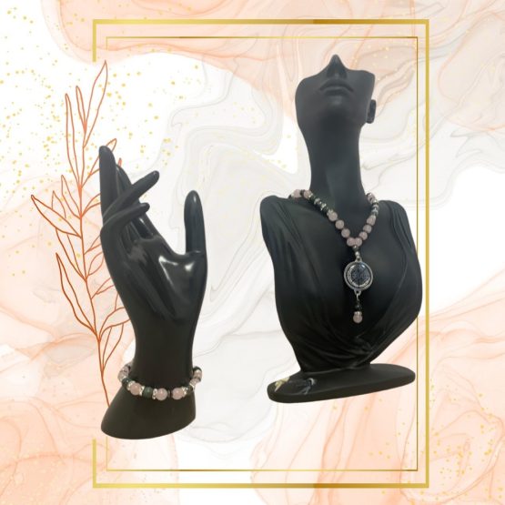 PARURE DUO, COLLIER ANTI-ONDES « QUARTZ ROSE+JASPE KAMBABA » AVEC BRACELET QUARTZ ROSE ASSORTI – Image 10