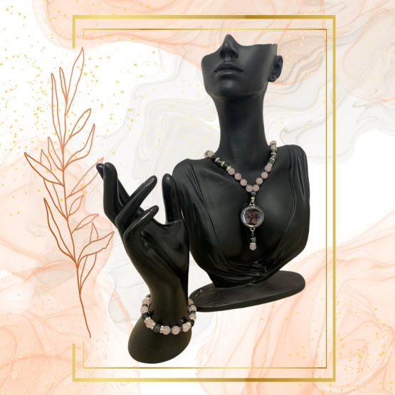 PARURE DUO, COLLIER ANTI-ONDES « QUARTZ ROSE+JASPE KAMBABA » AVEC BRACELET QUARTZ ROSE ASSORTI – Image 8