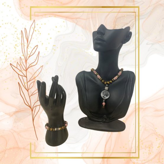PARURE DUO, COLLIER ANTI-ONDE RHODONITE, ŒIL DE TIGRE AVEC BRACELET ASSORTI – Image 2